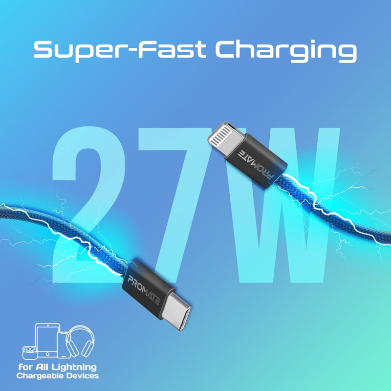 Promate USB-C to Lightning Fast Charge Cable 27W Blue