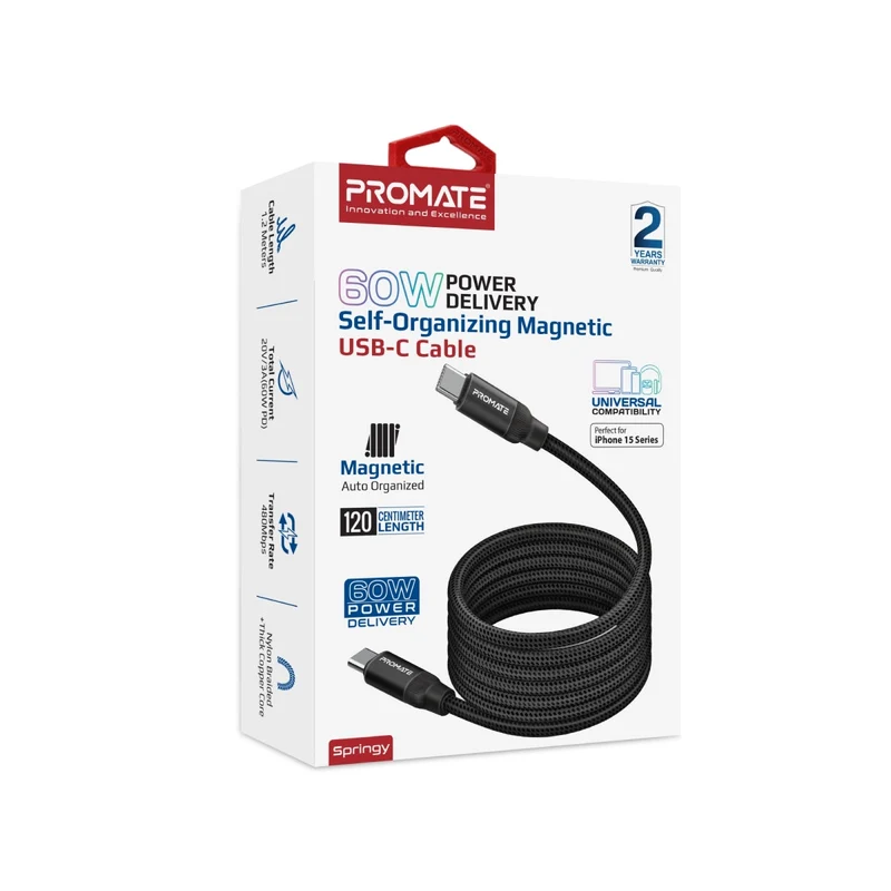 Promate Magnetic USB-C Charging Cable 60W 1.2m Black