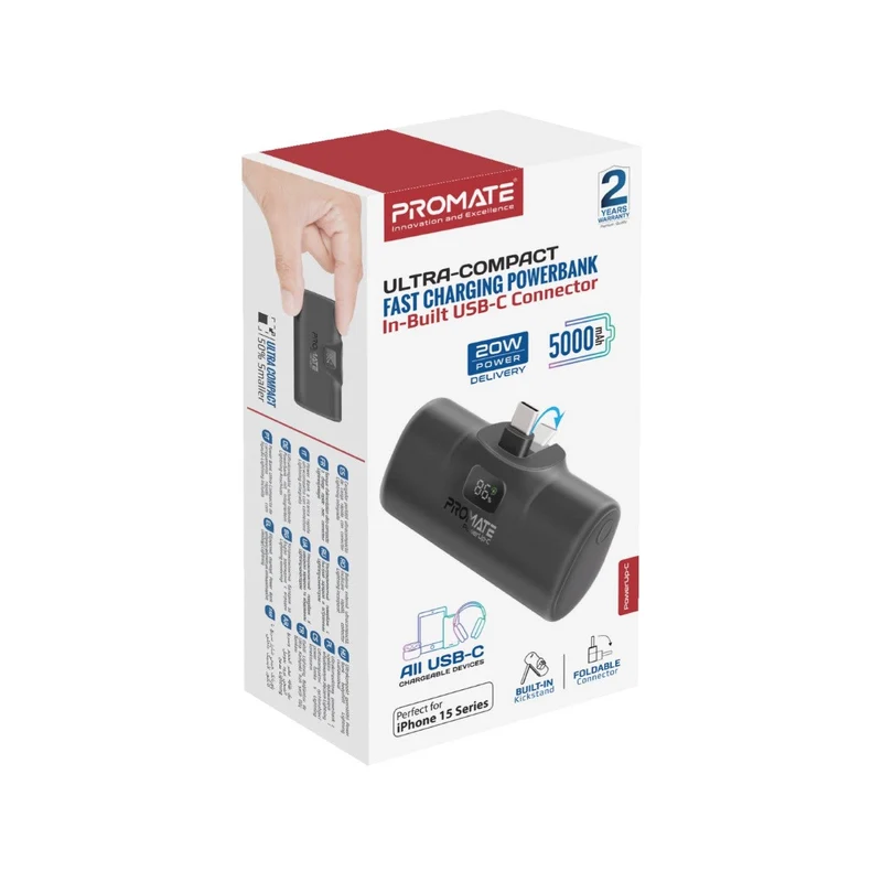 Promate 5000mAh 20W Power Bank with Built-in USB-C Connector Black