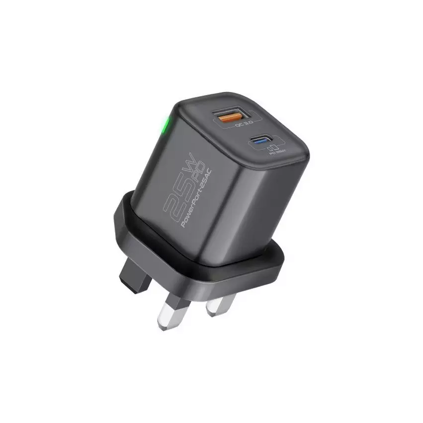 Promate 25W Wall Charger with USB-C and USB-A Ports Black