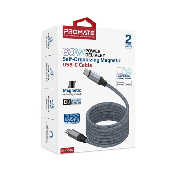 Promate Magnetic USB-C Charging Cable 60W 1.2m Grey