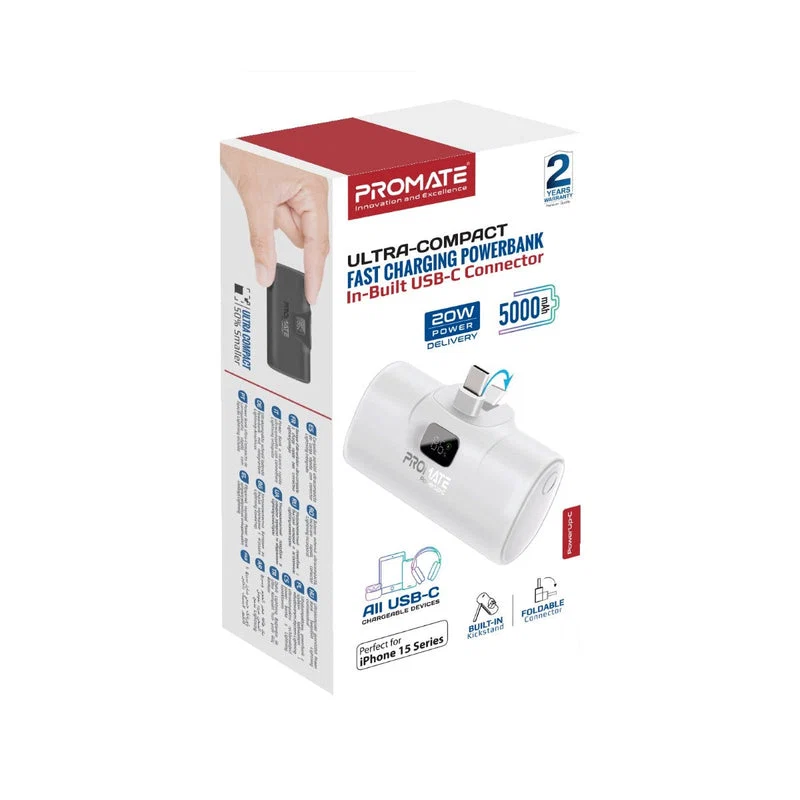 Promate 5000mAh 20W Power Bank with Built-in USB-C Connector White