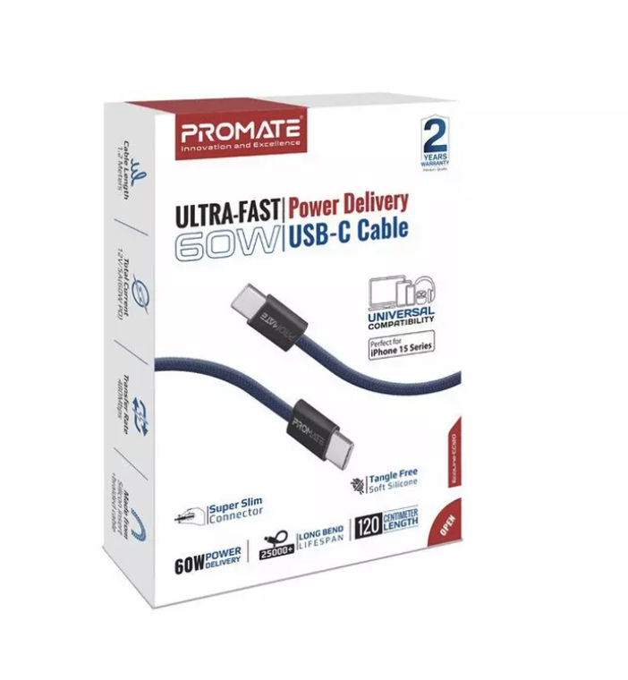 Promate USB-C to USB-C Cable 60W 1.2m