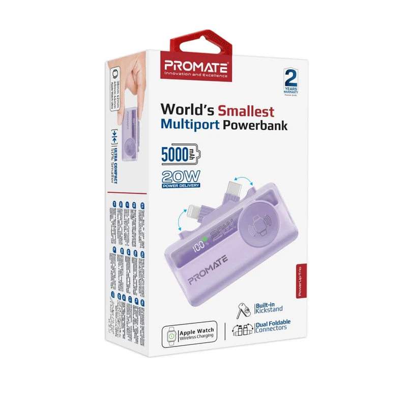 Promate 5000mAh 20W Power Bank with Built-in Lightning Connector Purple