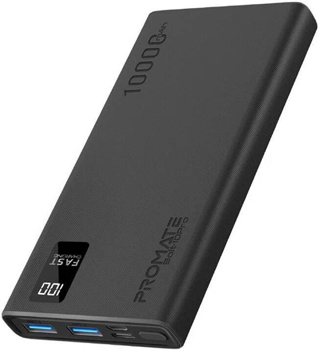 Promate 10000mAh Power Bank with Digital Display and Built-in USB-C Black