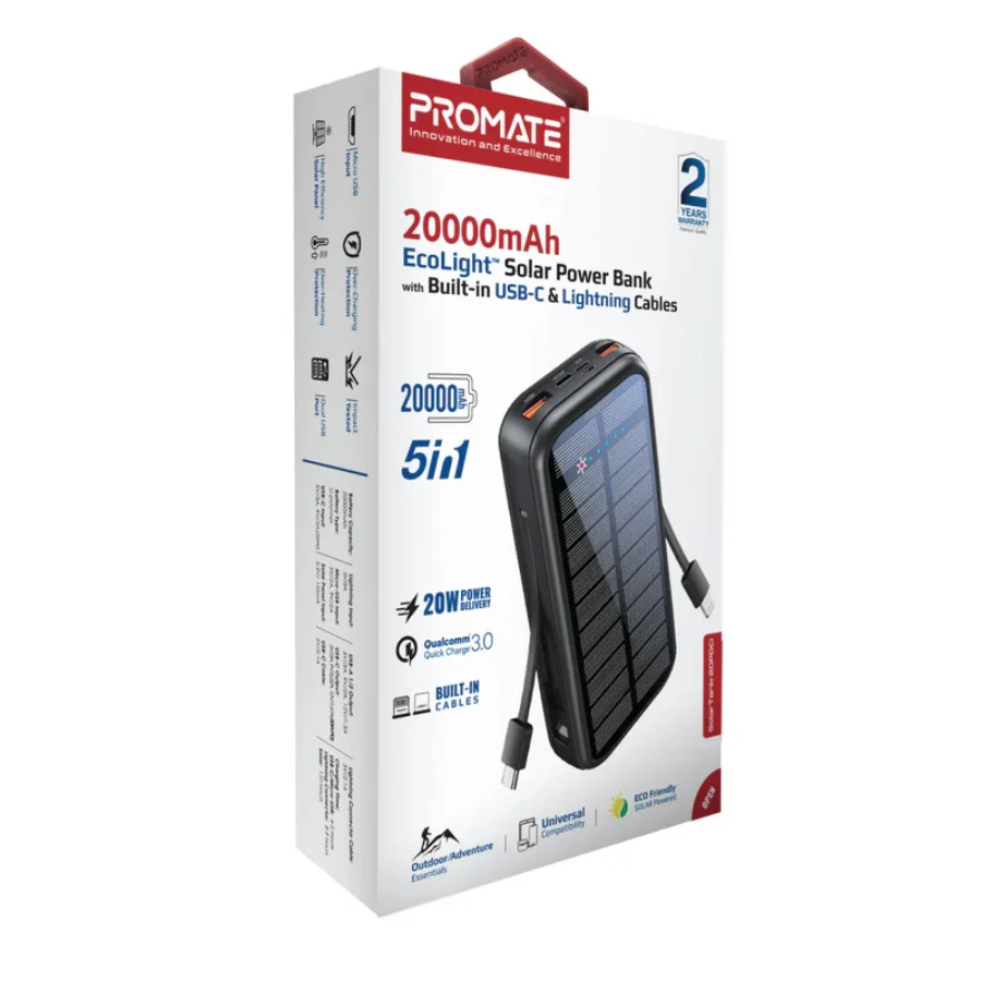 Promate 5-in-1 Solar Power Bank 20000mAh
