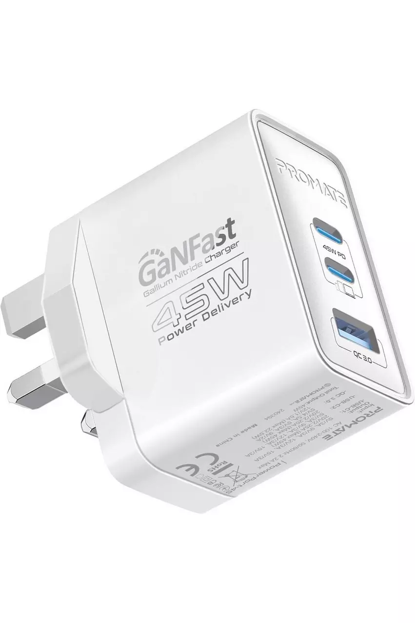 Promate 45W Wall Charger with 2 Ports White