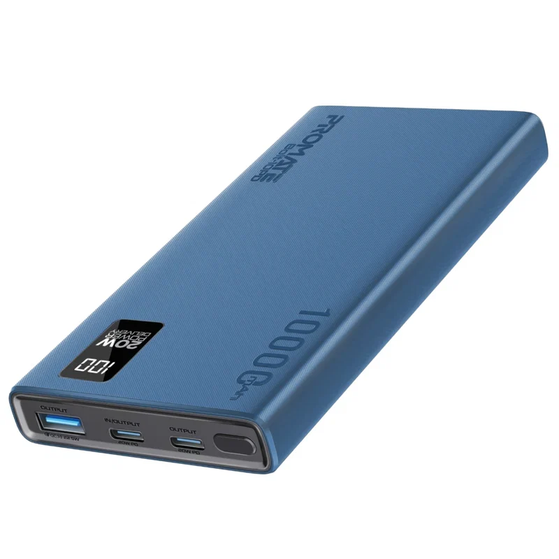 Promate 10000mAh Power Bank with Digital Display and Built-in USB-C Blue
