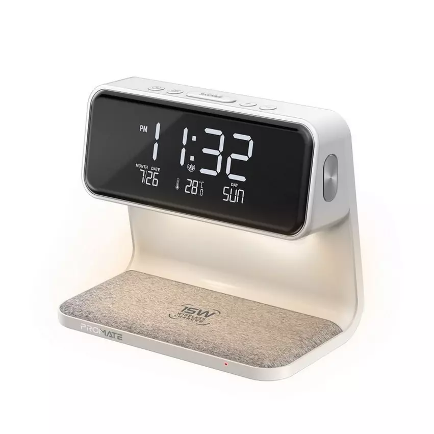 Promate 3-in-1 LED Alarm Clock with 15W Wireless Charger