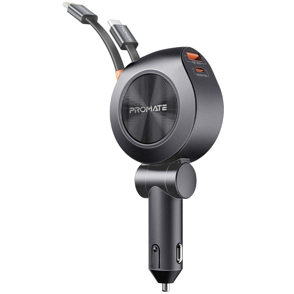 Promate 88W Multi-Port Car Charger with USB-C and Lightning Cables