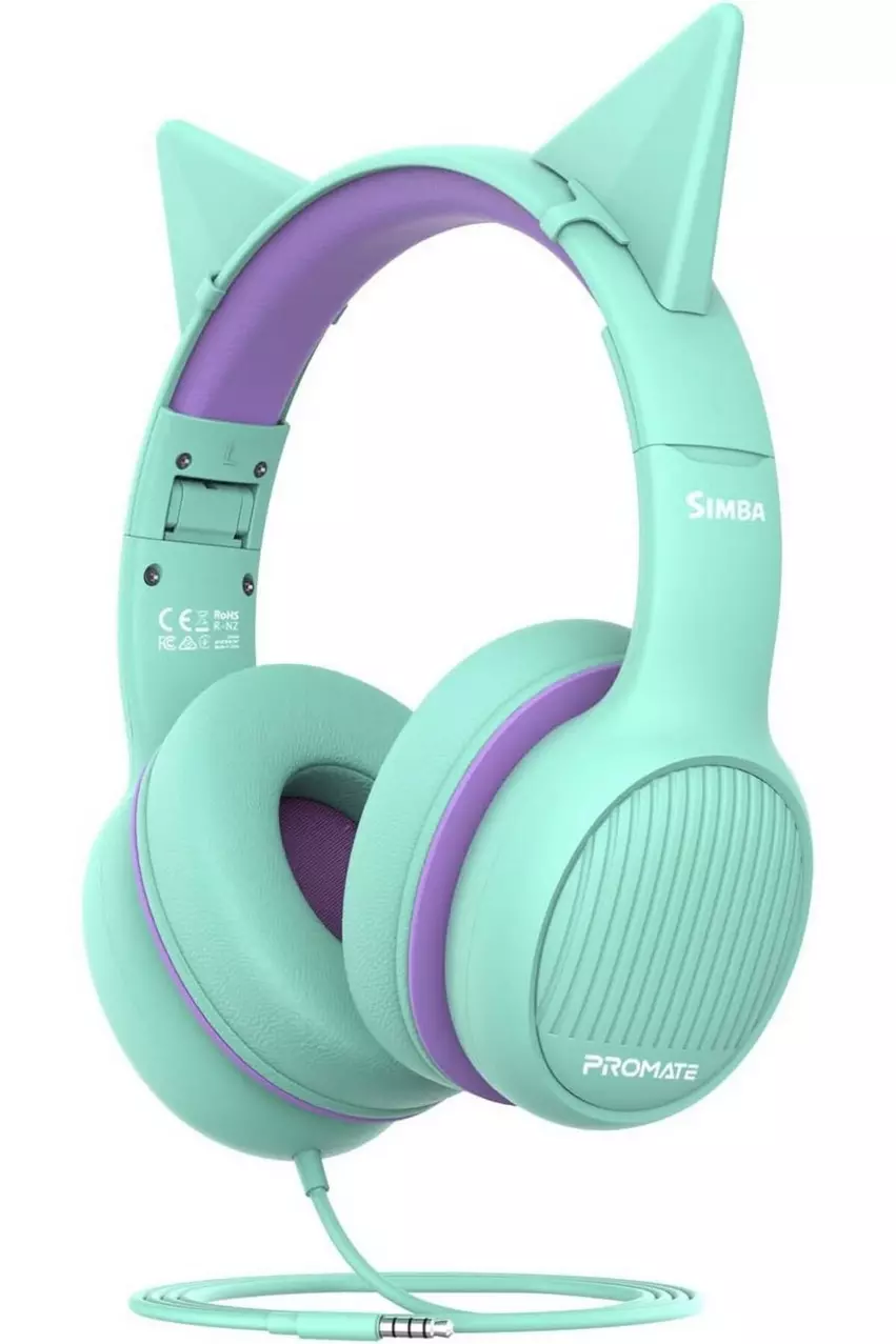 Promate Foldable Wired Kids Headphones with Audio Sharing Port Emerald